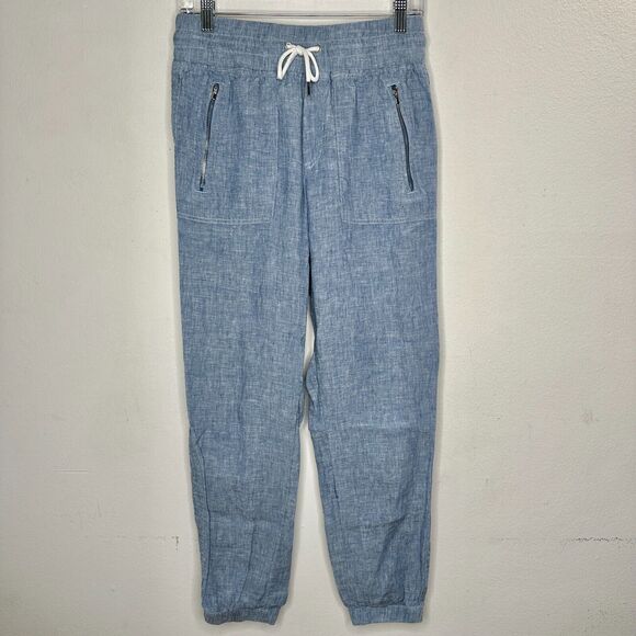 Athleta Chambray Blue Cabo Casual Linen Jogger Pant Tie Waist Front Zip 4 - Picture 4 of 16